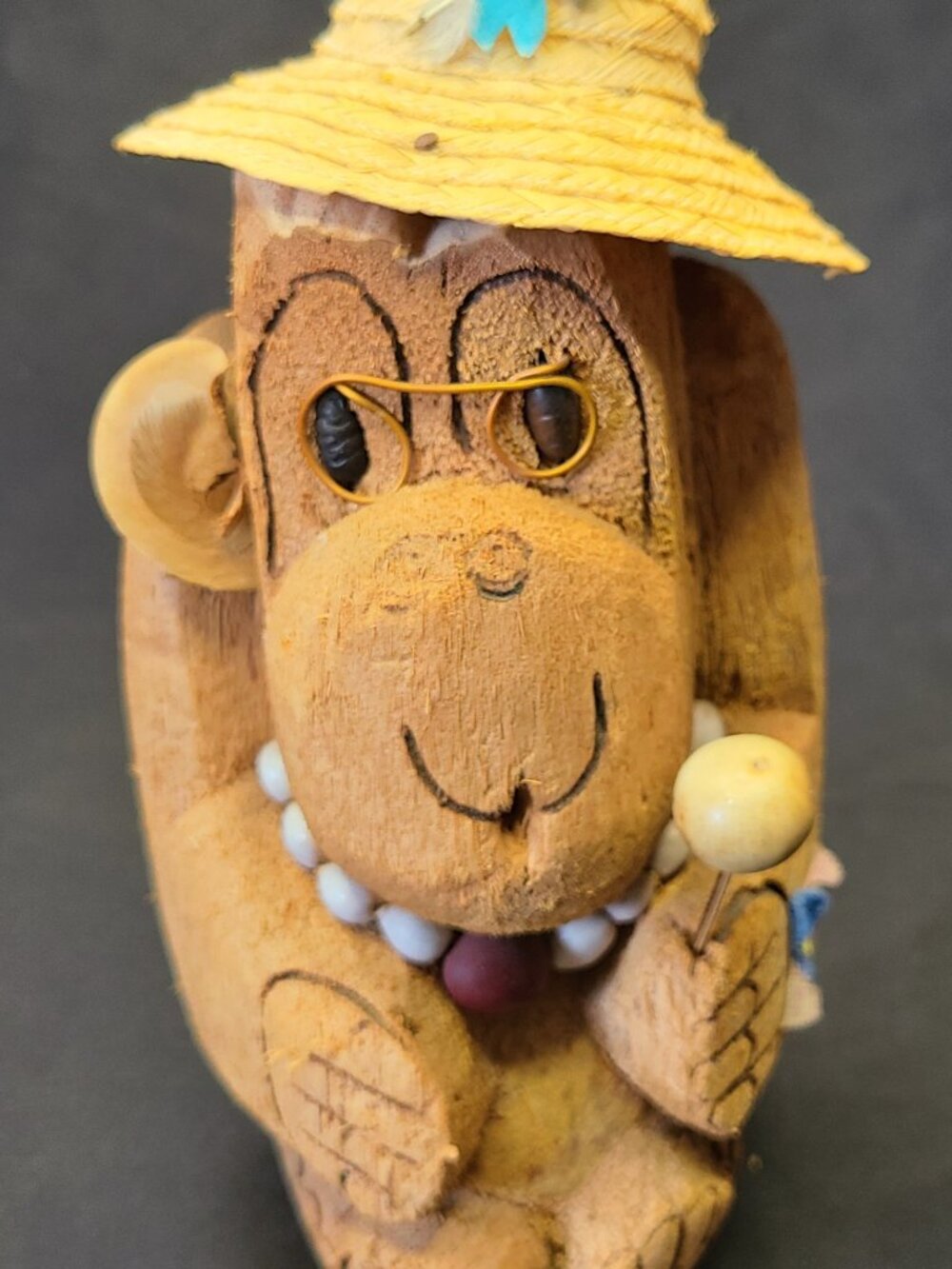 Vintage Hand Carved Coconut Monkey Figurine - Straw Hat, Wire Glasses & Beads
